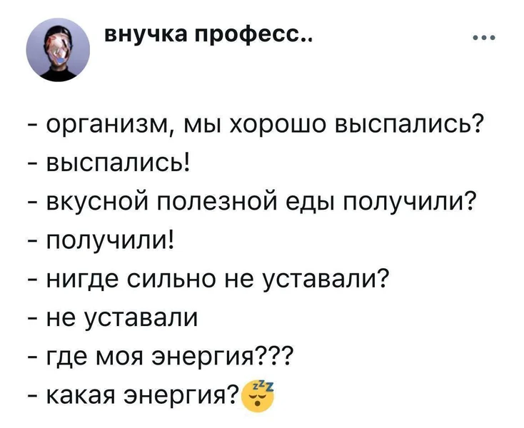 Ты выспался, поел и не уставал, но энергия всё ещё на нуле. Мем про внутренний диалог с организмом.