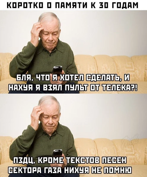 Коротко о памяти к 30: стою с пультом от телека и не понимаю, что хотел сделать. Помню только тексты «Сектора Газа»