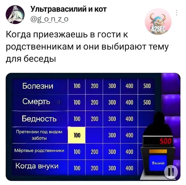 Твоя жизнь — «Своя игра», где правильных ответов нет, а страдание идёт бонусом за каждый визит 🥲🎤