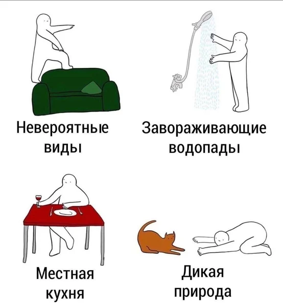 И зачем вообще тратить деньги на путешествия, когда у тебя есть душ, кот и вид на стену?