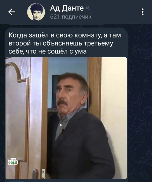 Когда зашёл в свою комнату, а там второй ты объясняет третьему себе, что не сошёл с ума.