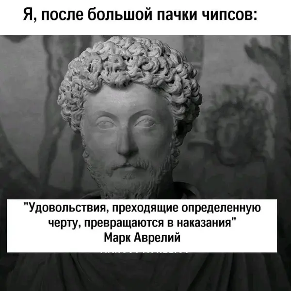 "Удовольствия, переходящие определённую черту, превращаются в наказания." — Марк Аврелий и пачка чипсов спустя 10 минут.